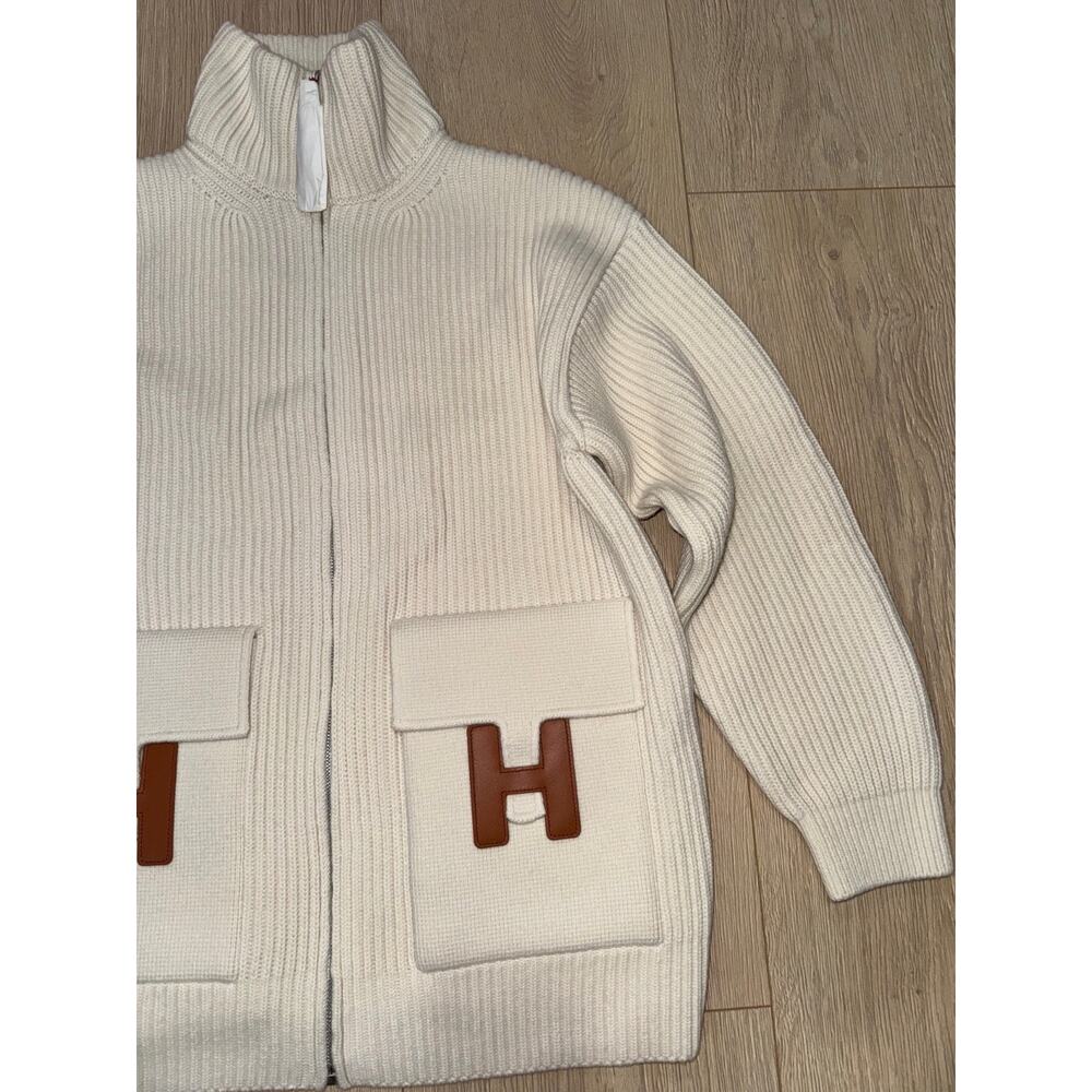 Hermes H Pocket Logo Blanc Zip Up Zipper Cardigan Sweater Wool Knit Jacket 38 - Picture 6 of 16